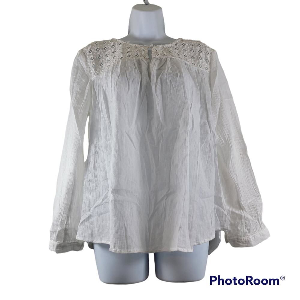 J Crew White Long Sleeve Crochet Neck Keyhole Blouse Size Medium